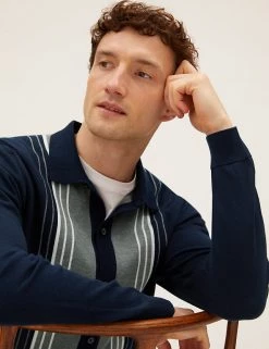 M&S Collection Men's Knitted Polo Shirts Cotton Rich Striped Knitted Polo Shirt