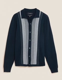 M&S Collection Men's Knitted Polo Shirts Cotton Rich Striped Knitted Polo Shirt -New In Mens Store SD 03 T30 5431M F4 X EC 90