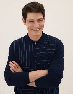 M&S Collection Men's Knitted Polo Shirts Cotton Modal Striped Knitted Polo Shirt