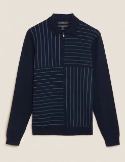 M&S Collection Men's Knitted Polo Shirts Cotton Modal Striped Knitted Polo Shirt -New In Mens Store SD 03 T30 5432M F6 X EC 90