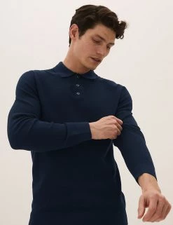 M&S Collection Men's Knitted Polo Shirts Cotton Modal Textured Knitted Polo Shirt