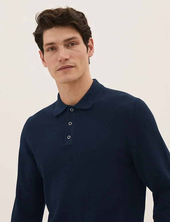 M&S Collection Men's Knitted Polo Shirts Cotton Modal Textured Knitted Polo Shirt 3 M&S Collection Men's Knitted Polo Shirts Cotton Modal Textured Knitted Polo Shirt - Image 3