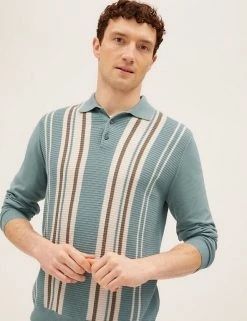M&S Collection Men's Knitted Polo Shirts Cotton Rich Striped Knitted Polo Shirt