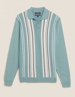 M&S Collection Men's Knitted Polo Shirts Cotton Rich Striped Knitted Polo Shirt -New In Mens Store SD 03 T30 5434M W2 X EC 90