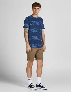JACK & JONES Men's T-shirts Pure Cotton Leaf Print Striped T-Shirt