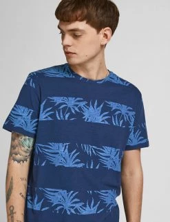JACK & JONES Men's T-shirts Pure Cotton Leaf Print Striped T-Shirt -New In Mens Store SD 10 T18 2318 E4 X EC 1