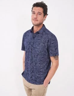 White Stuff Men's Polo Shirts Pure Cotton Palm Print Polo Shirt