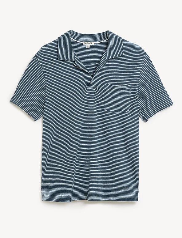 JAEGER Men's Polo Shirts Cotton Rich Striped Polo Shirt With Linen 2 JAEGER Men's Polo Shirts Cotton Rich Striped Polo Shirt With Linen - Image 2